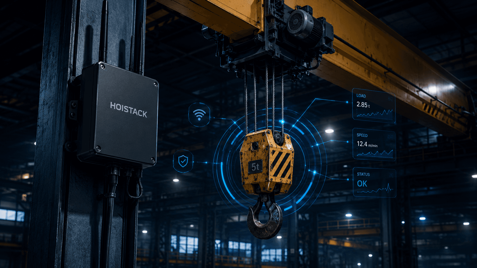 Köprü vincine takılı Hoistack kenar cihazı ve vincin yük, hız ve durum verilerini canlı gösteren panel